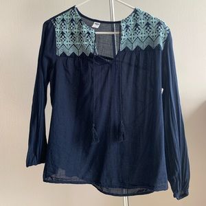 Light weight tie front blouse with embroidery - dark blue roomy fit